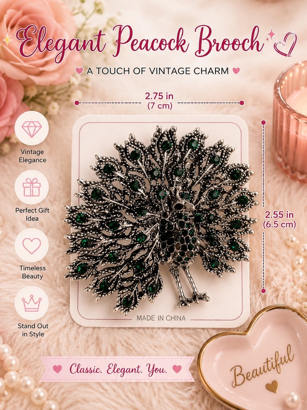 Elegant Peacock Brooch Pin - Green Crystal Accent
